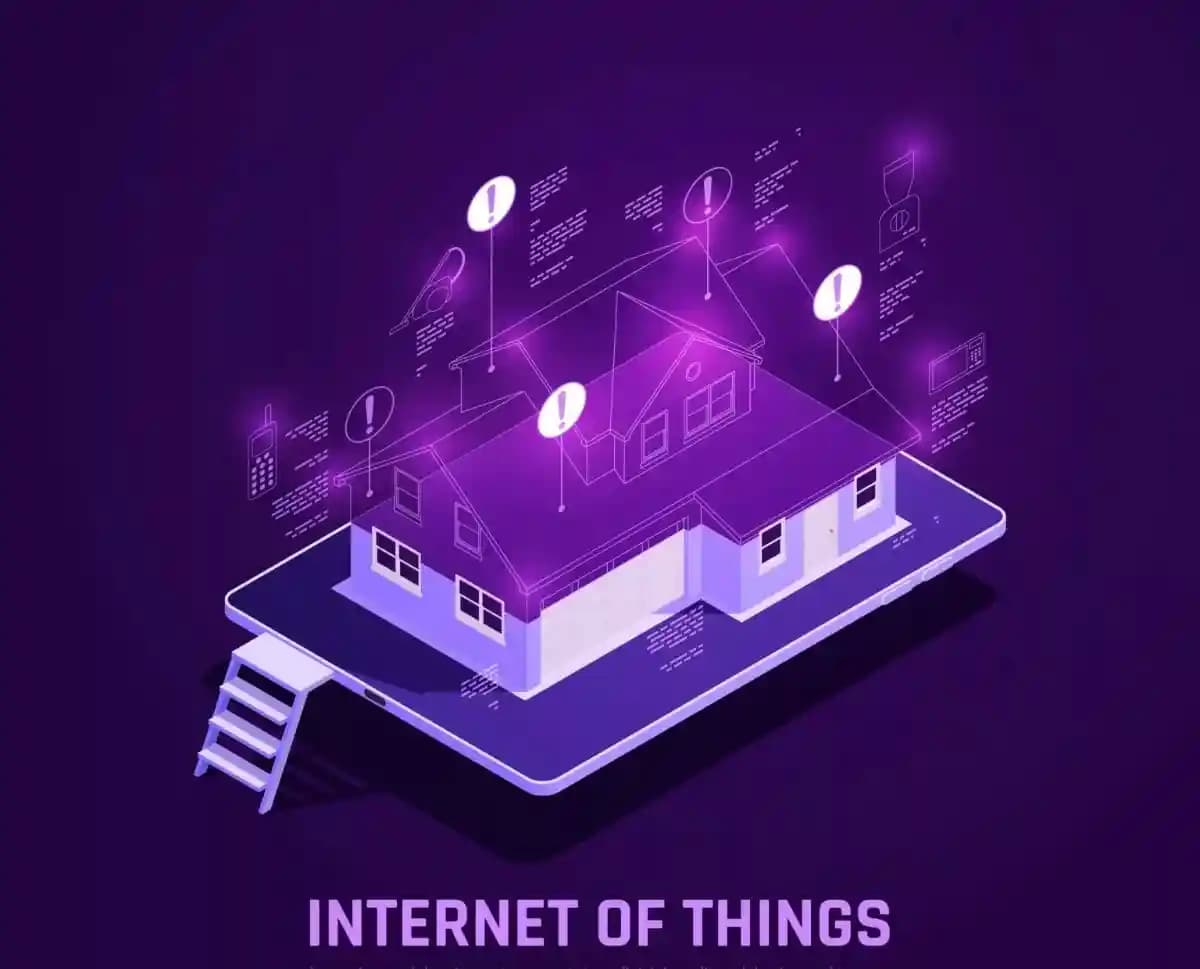 Internet of Things IoT concept illustration showing connected smart devices, sensors, and real-time data exchange between multiple devices